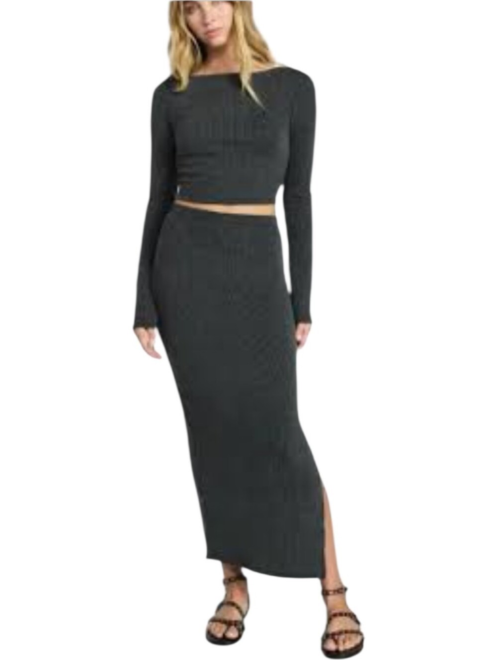 Two Piece Fall Outfit, Sweater Skirt And Boat Neck Crop Top No Boundaries